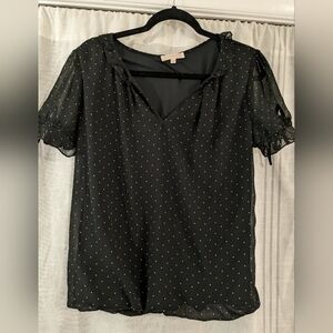 Black and cream polka dot blouse with sleeve ties